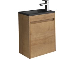 Badplaats Toiletmeubel Sinta 40 x 22 cm – Eiken – Fonteinmeubel met Zwarte Wastafel