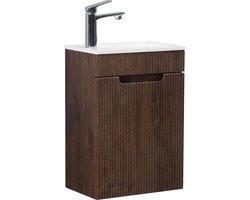Badplaats Toiletmeubel Thermis 40 x 22 cm - Walnoot Bruin - Fonteinmeubel met Witte Wastafel
