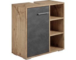 Badplaats Wastafelkast Neptunus 60 x 28 x 60 cm – Kastanje Eiken met Donker Grijs – Badkamerkast – Staand Wastafelmeubel