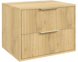 Badplaats Wastafelkast Rimini 60 cm – Eiken – Hangend Badmeubel met 2 Lades en Gouden Handgrepen