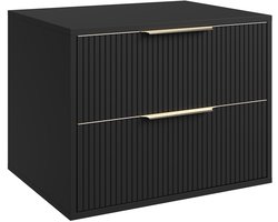Badplaats Wastafelkast Rimini 60 cm – Mat Zwart – Hangend Badmeubel met 2 Lades en Gouden Handgrepen
