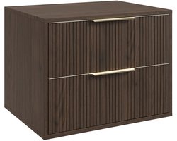 Badplaats Wastafelkast Rimini 60 cm – Walnoot Bruin – Hangend Badmeubel met 2 Lades en Gouden Handgrepen