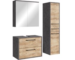 Badplaats Wastafelkast Set Florence 60 x 35 cm – Kastanje Eiken met Donker Grijs – Badmeubel met Spiegelkast en Kolomkast