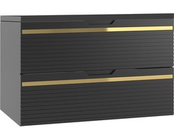 Badplaats Wastafelkast Varo 80 x 46 x 52 cm – Mat Zwart met Goud – Hangend Badmeubel met 2 Lades en Zwarte Handgrepen