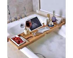 Badplank - Bamboe Badrekje - Uitschuifbare en Verstelbare Badplank - Met Anti-Slip en Tablethouder - Inclusief Boekenhouder en Zeephouder - Plaats voor Kaars en Glas Wijn - Bamboe Hout - Luxe, Duurzaam en Vochtbestendig - Van 75 tot 110 cm - Badrek