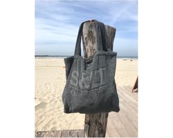 Badstof strandtas antraciet - XXL tas 50x65 cm.- terry shopper -hengels - afsluitbaar binnenzakje - 100% katoen/badstof