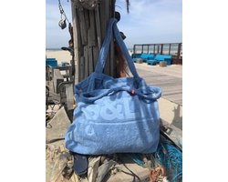 Badstof strandtas denim - XXL tas 50x65 cm.- terry shopper -hengels - afsluitbaar binnenzakje - 100% katoen/badstof
