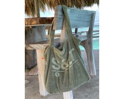 Badstof strandtas olijfgroen - XXL tas 50x65 cm.- terry shopper -hengels - afsluitbaar binnenzakje - 100% katoen/badstof