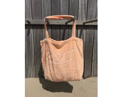 Badstof strandtas peach - XXL tas 50x65 cm.- terry shopper -hengels - afsluitbaar binnenzakje - 100% katoen/badstof