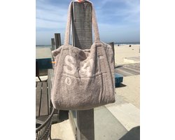 Badstof strandtas taupe - XXL tas 50x65 cm.- terry shopper -hengels - afsluitbaar binnenzakje - 100% katoen/badstof
