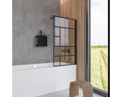 badwand - 80 x 140 cm - zwarte profiel - transparant veiligheidsglas met Decor Atelier 1- nano antikalk