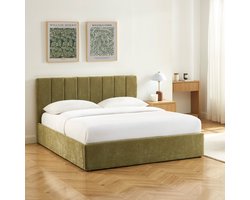 BAÏTA - DARIO - Opbergbed 160x200 cm – Groen Stoffen Bed – Tweepersoonsbed met Opbergruimte – Lattenbodem Inclusief – Bedframe met Gewatteerd Hoofdbord
