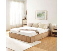 BAÏTA - LAVINIA - Opbergbed 160x200 cm – Caramel Chenille Stof – Tweepersoonsbed met Opbergruimte – Lattenbodem Inclusief – Bedframe met Liftmechanisme