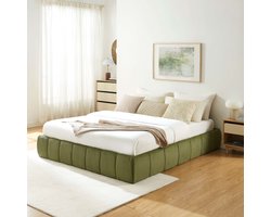 BAÏTA - LAVINIA - Opbergbed 160x200 cm – Groen Chenille Stof – Tweepersoonsbed met Opbergruimte – Lattenbodem Inclusief – Bedframe met Liftmechanisme