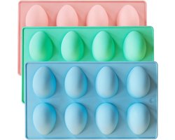 Bakbenodigdheden - Set van 3 - Paaseivorm met 8 holtes - 3D - Siliconen paaseivorm - 8 gaten - Eivormig - Antiaanbak bakvorm - DIY - Geschikt voor paaschocoladetaarten, desserts, muffins, mousses, gebak, handgemaakte zeep en kleurpotloden