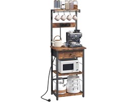 Bakkersrek Keukenrek met Stopcontacten en USB - Industriële Magnetronkast - Keuken Organizer met Lade en Haken - Vintage Bruin Zwart - Coffee Bar Rek - Opbergrek Keuken - Magnetron Stelling - Multifunctioneel Keukenmeubel