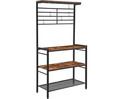 Bakkersrek met hoge displayplank, keukenmagnetronstandaard, opbergplank met 2 houten planken en gaaspaneel, keukeneilandrek met 6 haken, verstelbare poten, rustiek bruin