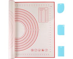 Bakmat, siliconen, groot, 70 x 50 cm, siliconen mat, bakken, antislip, anti-aanbaklaag, deegmat, bakonderlegger met meting, uitrolmat voor fondant, gebak, pizza, BPA-vrij (rood + 3 schrapers)