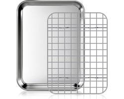 Bakplaat met afkoelrek: Een set roestvrijstalen bakplaten en -pannen, ovenbestendig, Geschikt voor thuisgebruik, met afmetingen van 23,5 x 17,5 x 2,5 cm.