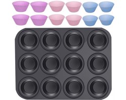 Bakplaat & Muffinvormen - Teflon Plaat - 12 Siliconen Cupcake Vormen - Herbruikbaar - Anti Aanbak laag - Rheme