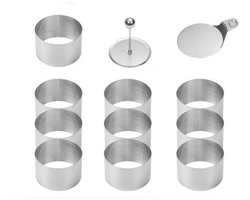 Bakringen - 10 stuks - Dessertringen - Garneerringen - RVS - Mallen - Inclusief voedselpers en spatel - Vaatwasser Bestendig - Geschikt voor het bakken en koken van taarten, mousses en desserts - 8*5 cm - Zilver