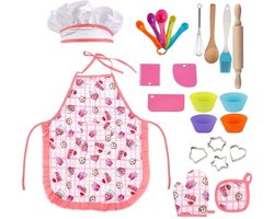 Bakset Kinderen - Roze Kinder Basket - 23 Delig bakset - Vaatwasser veilig - Cupcake Vormpjes - Cupcakes - Koekvormpjes - Schort en Kookmuts - Deegroller