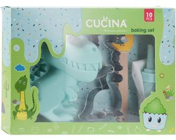 Bakset voor kinderen 10 delig - spuitzak met 5 opzetstukken - cakevorm - spatel en 2 koekjesvormpjes - Dinosaurus - Groen