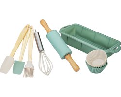 Bakset voor kinderen 12delig - cakevorm - garde - deegroller - twee spatels - keukenkwastje en 6 siliconen cupcakevormen