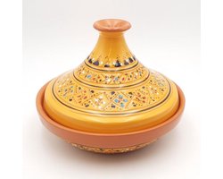 Baktajine van klei - Oosterse pan - Stoofgerechten bereiden - Handgemaakt en gedecoreerd - D 22 cm - Geel