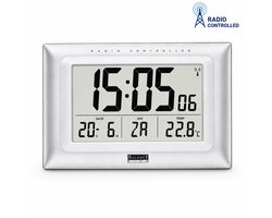 Balance - Wandklok – Zendergestuurde LCD Tafelklok – 26 x 16,5 cm – Met Datum, Dag, Temperatuur, Alarm en Snooze – Zilvergrijs