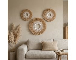 Bali Wanddecoratie Set van 3 - Muurdecoratie Woonkamer - Raffia met mooie schelpen - 35, 40 & 50 cm - Ibiza, Boho, en Scandi-Boho Woonaccessoire