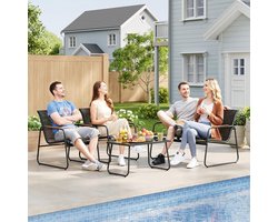 Balkon loungeset 4-delig 75 x 44,5 x 41,5 cm – tuinmeubelset met 2-zits bank, 2 comfortabele fauteuils & glazen tafel – weerbestendig metalen frame, textilene zitvlak, ergonomisch design – zwart – Furnitureland