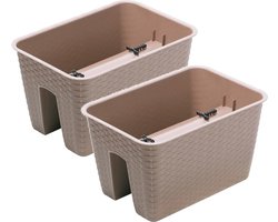 Balkon plantenbak Ratolla - 3x - kunststof - voor reling/balustrade - taupe - 40 cm - rotan look - tuin bloempotten
