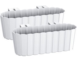 Balkon plantenbak/bloembak - Set van 2x stuks - met haken - kunststof - rechthoekige - wit - 38 cm - Tuin/balkon decoraties
