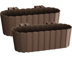 Balkon plantenbak/bloembak - Set van 3x stuks - met haken - kunststof - rechthoekige - bruin - 38 cm - Tuin/balkon decoraties