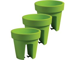 Balkon plantenpot/bloempot - 3x stuks - limegroen - 5 liter - kunststof - D25 x H23 cm - met relingklem