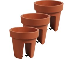 Balkon plantenpot/bloempot - 3x stuks - terracotta - 5 liter - kunststof - D25 x H23 cm - met relingklem