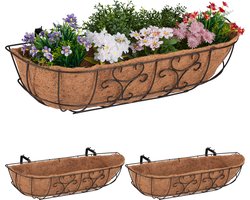 balkonbak kokos - set van 3 - hangend - 21 x 76 x 22 cm - ijzer - kokosvezels