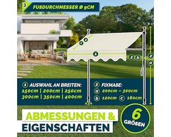 Balkonluifel 400 cm – Inklapbare Klemluifel met Zwengel & LED Verlichting – UV50+ Bescherming – Zonder Boren Montage – Verstelbare Zonwering voor Balkon, Terras en Tuin – Zandkleur – Furnitureland