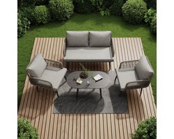 Balkonmeubel Set 4-Zits Grijs - 2 Stoelen + Bank + Salontafel - Weerbestendig Stalen Frame - Houtnerf Glas Tafelblad - Terugstootkussens - Voor Tuin, Terras & Familiebijeenkomsten - IndustroHome