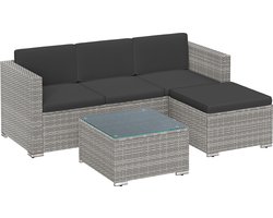 Balkonmeubel van PE –polyrotan – Met kussens en glazen tafel