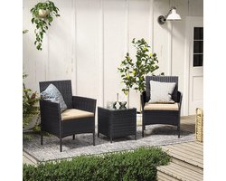 Balkonmeubels, Tuinmeubelset, Van Pe-Polyrotan, Loungeset, Tafel En 2 Stoelen, Terrasmeubels, Outdoor, Voor Terras, Balkon, Tuin, Zwart-Taupe