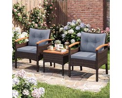 Balkonmeubelset 3-delig 60,5 x 60 x 73 cm – Luxe PE Rotan Tuinset met Acaciahouten Details, Inclusief Kussens, Bijzettafel en Verstelbare Poten – Weerbestendig & Comfortabel – Grijs – Nicolehome
