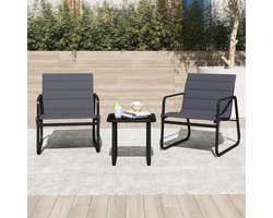 Balkonmeubelset 3-delig met Kussens – Bistroset met 2 Stoelen, Armleuningen en Tafel met Gehard Glas, Compacte Tuinset voor Balkon/Terras, Weerbestendig Metaal – Grijs/Zwart – Urbanhome