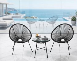 Balkonmeubelset 3-delig – Meuble Paris Acapulco Bistroset – 2 Stoelen + Glazen Tafel – Zwart – Polyrotan Tuinset voor Balkon, Terras & Binnen – Retro Design – Weerbestendig