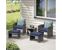 Balkonmeubelset 4-delig 90x90 cm – Luxe PE-Rotan Loungeset met Kussens, Stoelen, Voetenbanken & Tafel – Weerbestendig, UV-bestendig, Compact voor Balkon & Terras – Blauw – Furnitureland