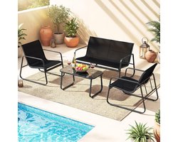 Balkonmeubelset 4-delig met Kussens – Bistroset met 2 Stoelen, Armleuningen en Tafel met Gehard Glas, Compacte Tuinset voor Balkon/Terras, Weerbestendig Metaal – Grijs/Zwart – Urbanhome