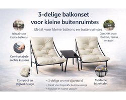 Balkonmeubelset voor kleine balkons, tuinmeubelset, 3-delige balkonmeubelset, tuintafel en stoelenset met kussens en salontafel voor terras, balkon, tuin