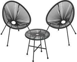 Balkonmeubilair, tuinmeubelset set van 3 zitgroep, terrasmeubilair, glazen tafelblad, 2 stoelen, voor binnen en buiten, voor patio, tuin, balkon, buiten, zwart