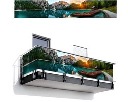 Balkonscherm 500x85 cm - Balkonposter Meer - Bergen - Zonsondergang - Boot - Balkon scherm decoratie - Balkonschermen - Balkondoek zonnescherm